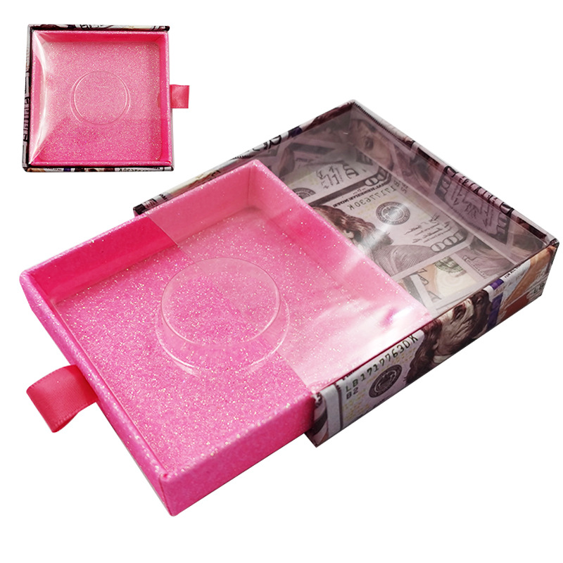 Glittering Square Cardboard Drawer Eyelash Box With Ribbon